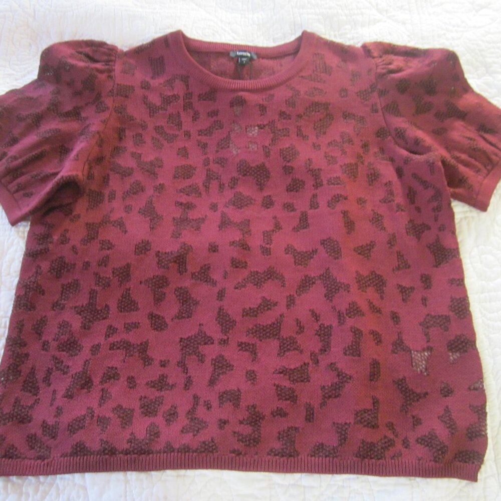 Express Sweater S Red Puff Sleeve Mesh Floral Print